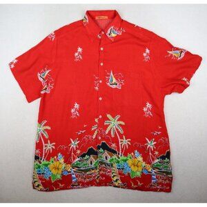 SUN FUSION - MEN'S RED HAWAIIAN PRINT SHORT SLEEVE BUTTON-UP SHIRT - SIZE XL